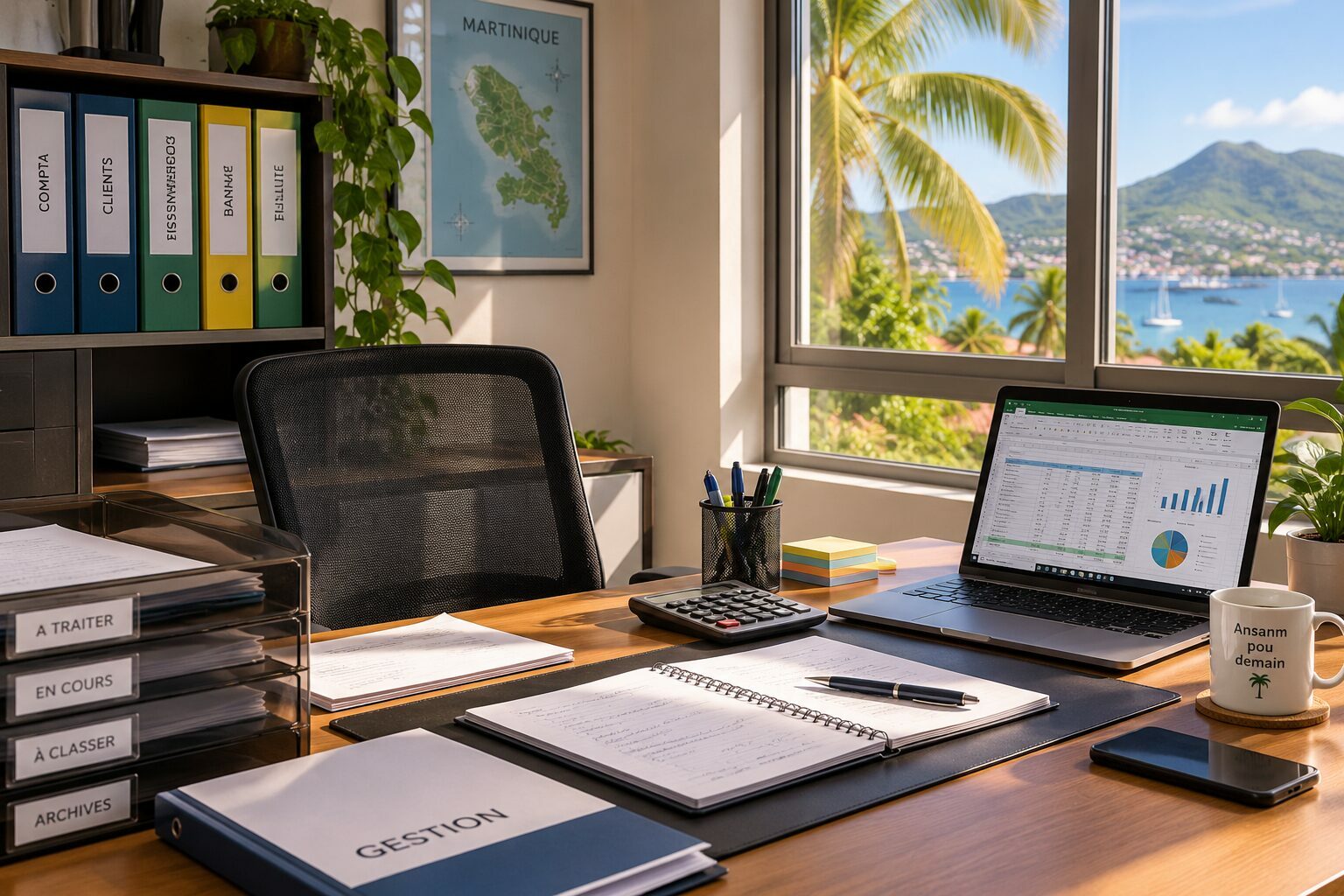 Bureau administratif rangé, classeurs et ordinateur portable devant une fenêtre