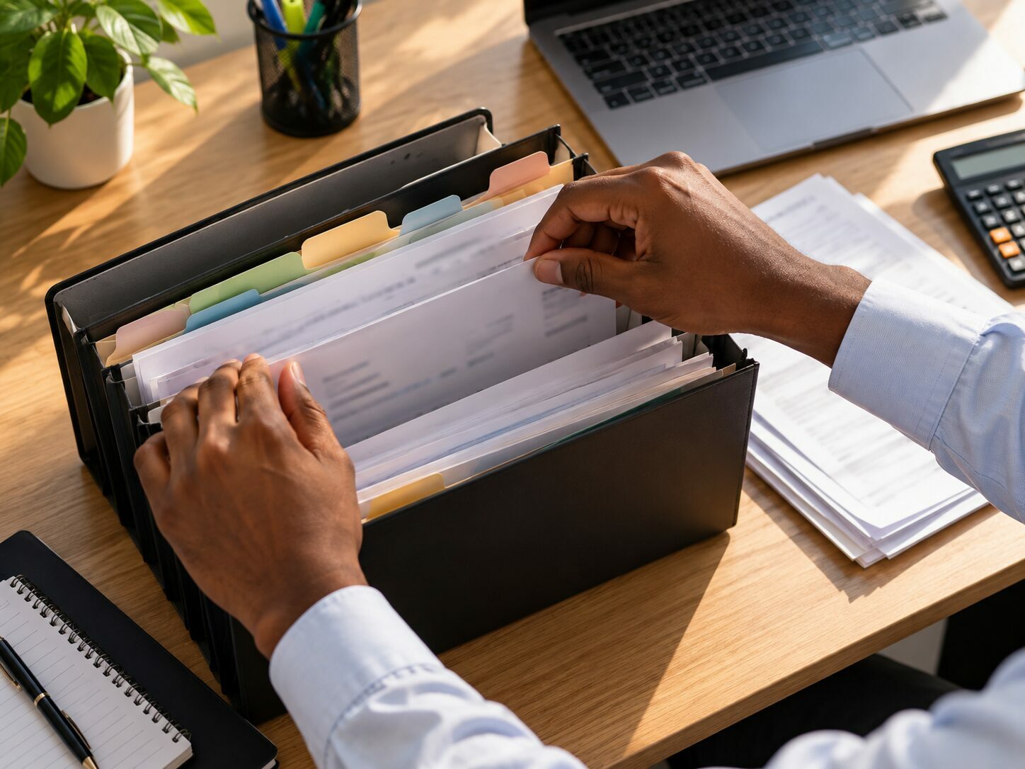 Mains rangeant des documents dans une boîte d'archives sur un bureau
